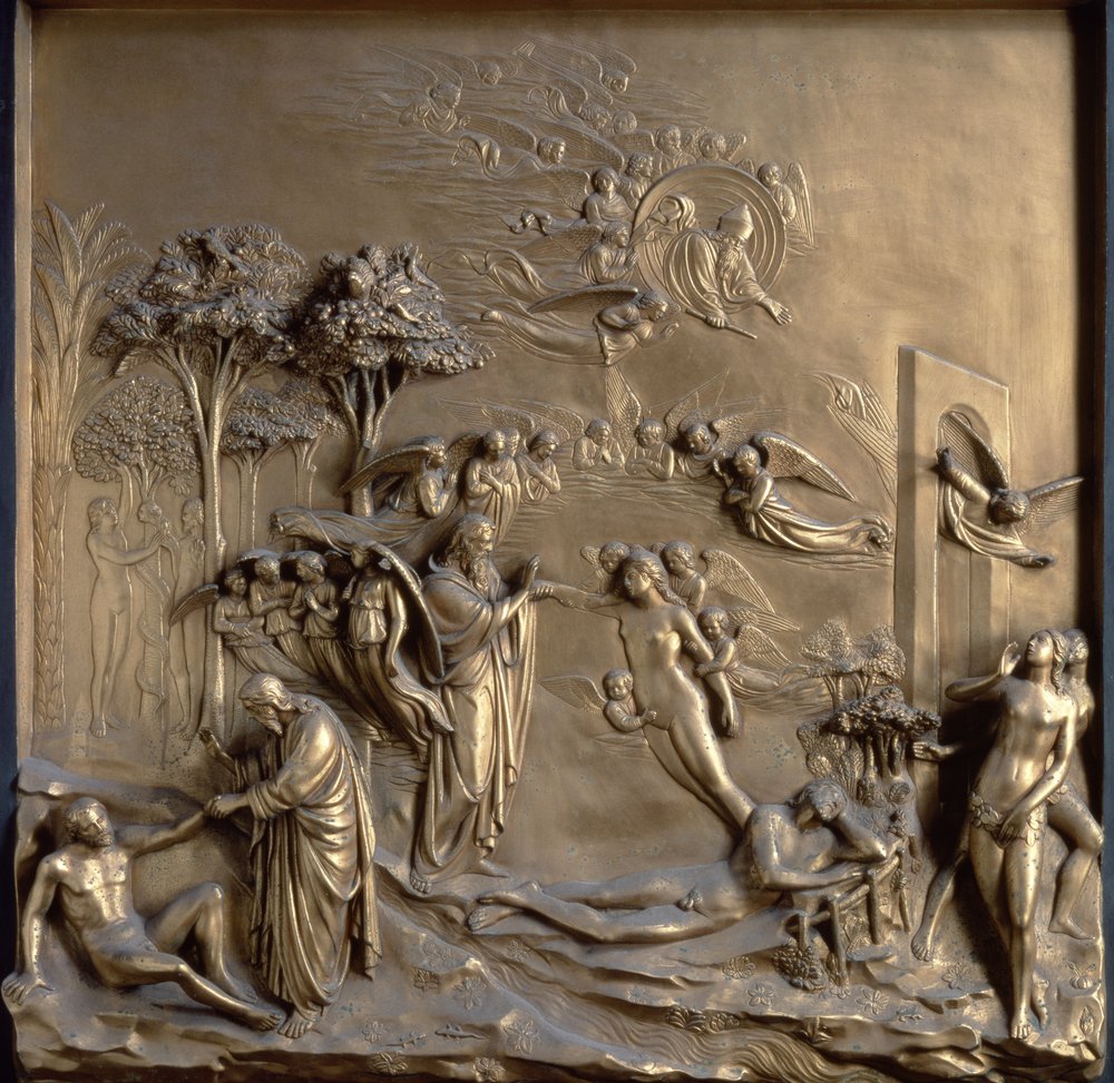 La Historia de Adán: la Creación de Adán y Eva, la Tentación y la Expulsión del Jardín, uno de los diez paneles de relieve de las Puertas del Paraíso (Puertas Este) por Lorenzo Ghiberti, 1425 de Lorenzo Ghiberti