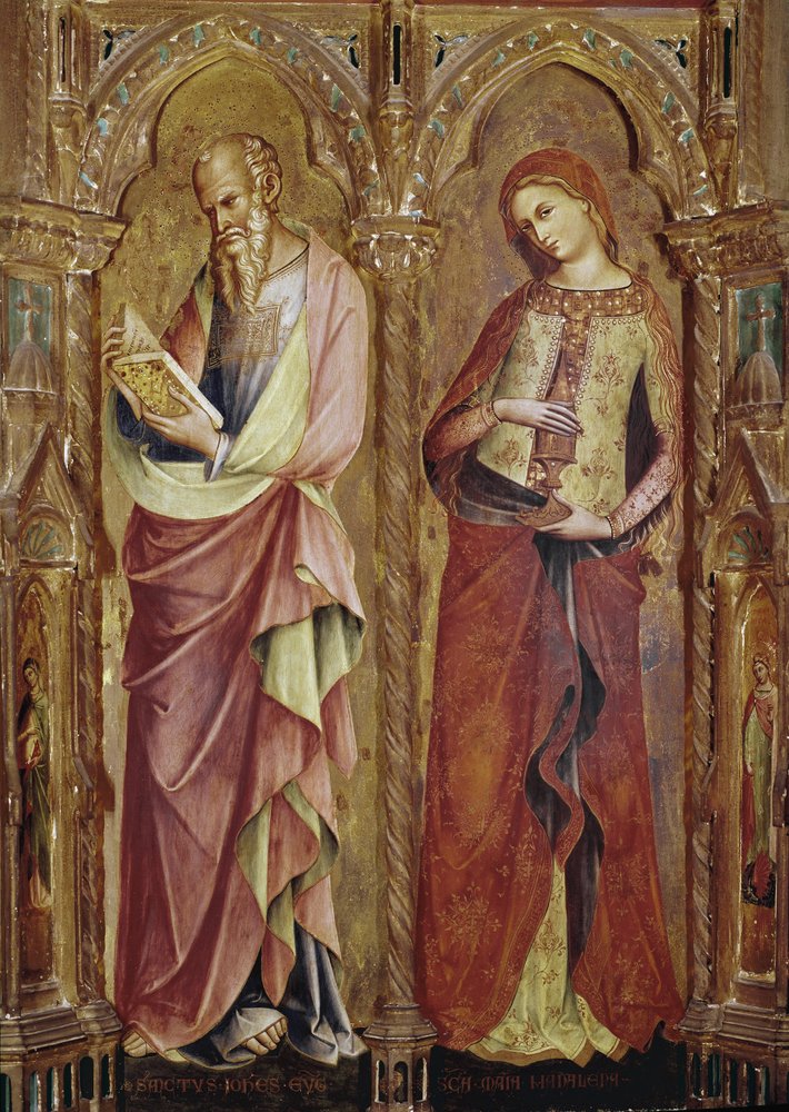 San Juan Evangelista y Santa María Magdalena - Detalle del políptico de la Anunciación (1357, temple y pan de oro sobre madera) de Lorenzo Veneziano