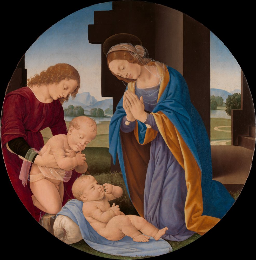 Madonna adorando al Niño con el infante San Juan Bautista y un ángel, c.1492 de Lorenzo di Credi