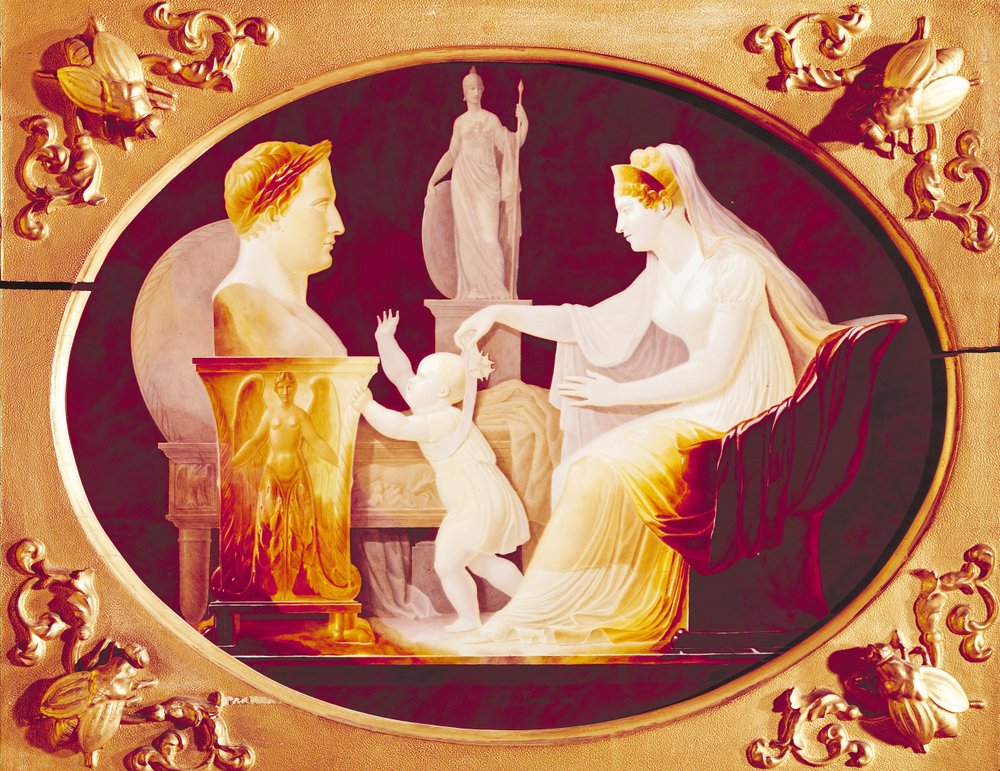 Marie-Louise de Austria (1791-1847) guiando a su hijo, con la cinta de una medalla de la Legión de Honor, hacia un busto de Napoleón Bonaparte (1769-1821) 1813 (óleo sobre porcelana) de Louis Bertin Parant