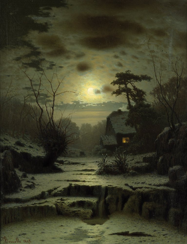 Paisaje invernal a la luz de la luna llena de Louis Douzette
