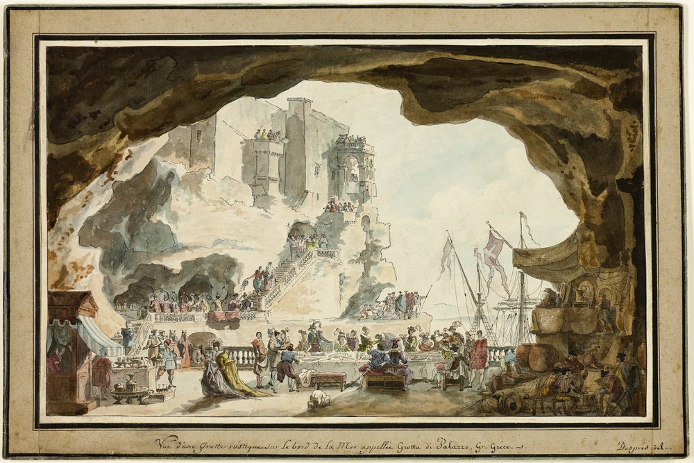 Vista de la Grotta di Palazzo con banquete de Louis-Jean Desprez