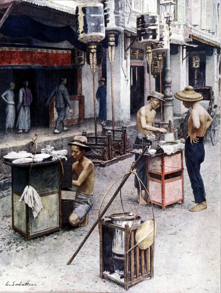 Restaurantes móviles en el barrio chino de Singapur. Ilustración de L. Sabatier. Siglo XIX de Louis Remy Sabattier