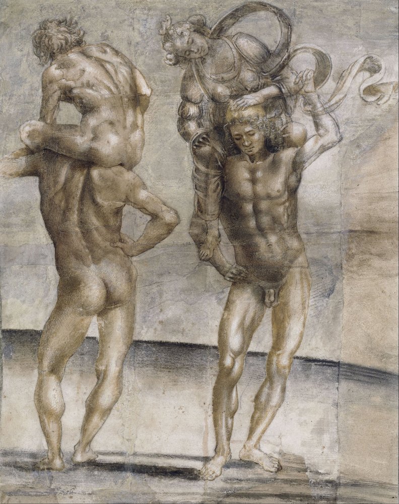 Dos jóvenes desnudos que llevan a una joven y a un joven de Luca Signorelli