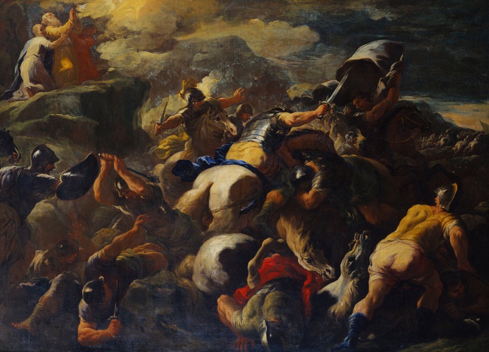 La batalla entre los israelitas y los amalecitas, Aarón y Hur sosteniendo los brazos de Moisés en una colina más allá de Luca Giordano