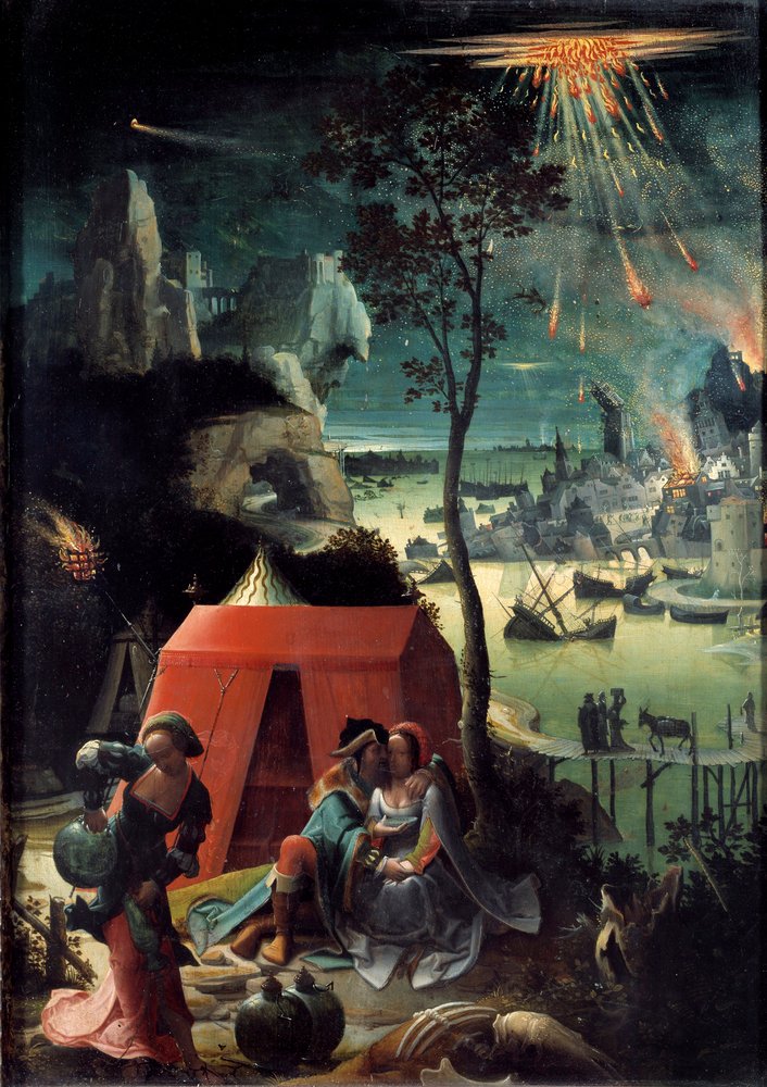 Lot y sus hijas. Lot rodea a sus dos hijas, refugio en la montaña para escapar de la destrucción de Sodoma. Jóvenes desnudas emborrachan a su padre. Pintura de Lucas van Leyden, llamado Lucas de Leiden (Leide) (Lucas Hugensz o Lucas Jacobsz) (1494-1533) 16 de Lucas van Leyden