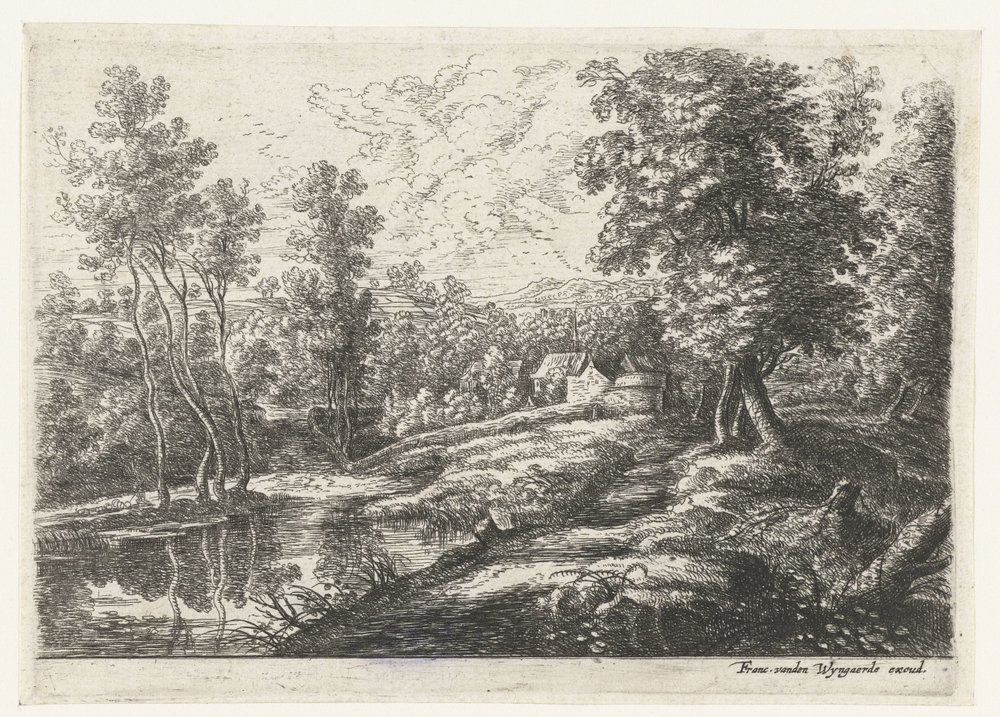 Paisaje con casas y una iglesia rodeada por un muro Cinco paisajes (título de la serie) de Lucas van Uden