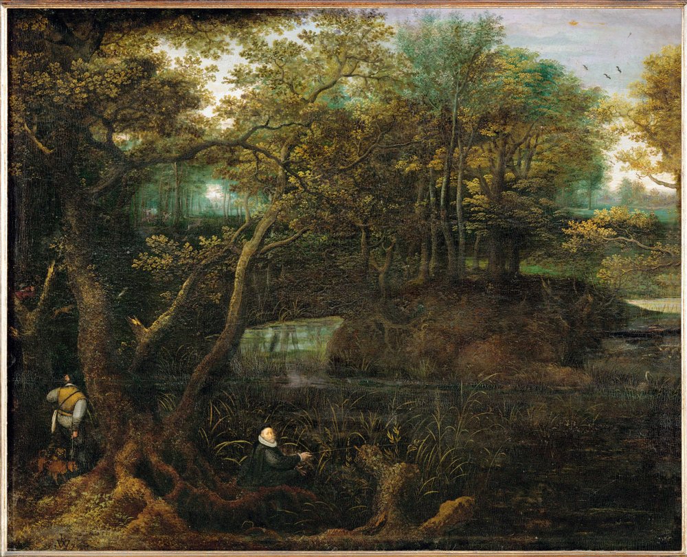 Pescador en el estanque del bosque (pintura sobre madera de roble) de Lucas van Valckenborch
