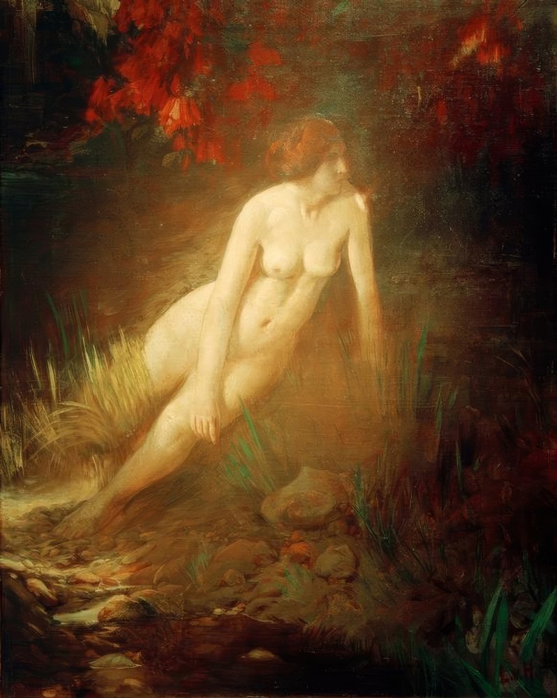 Desnudo femenino en una orilla rocosa con flores de Ludwig von Hofmann