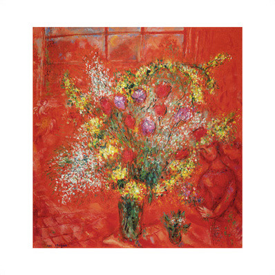 Flores sobre fondo rojo de Marc Chagall