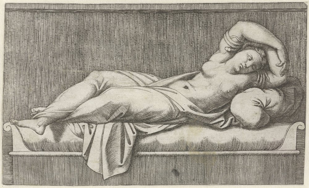 Cleopatra semidesnuda acostada en la cama de Marcantonio Raimondi