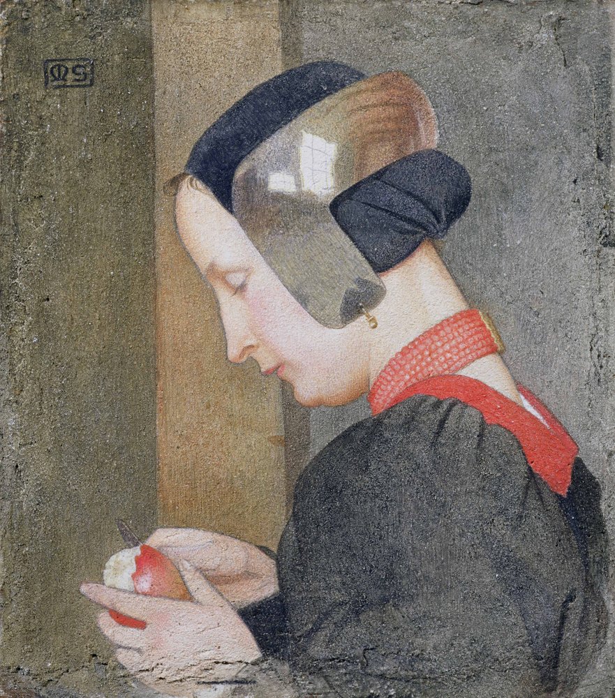 Retrato de una dama pelando una manzana de Marianne Stokes