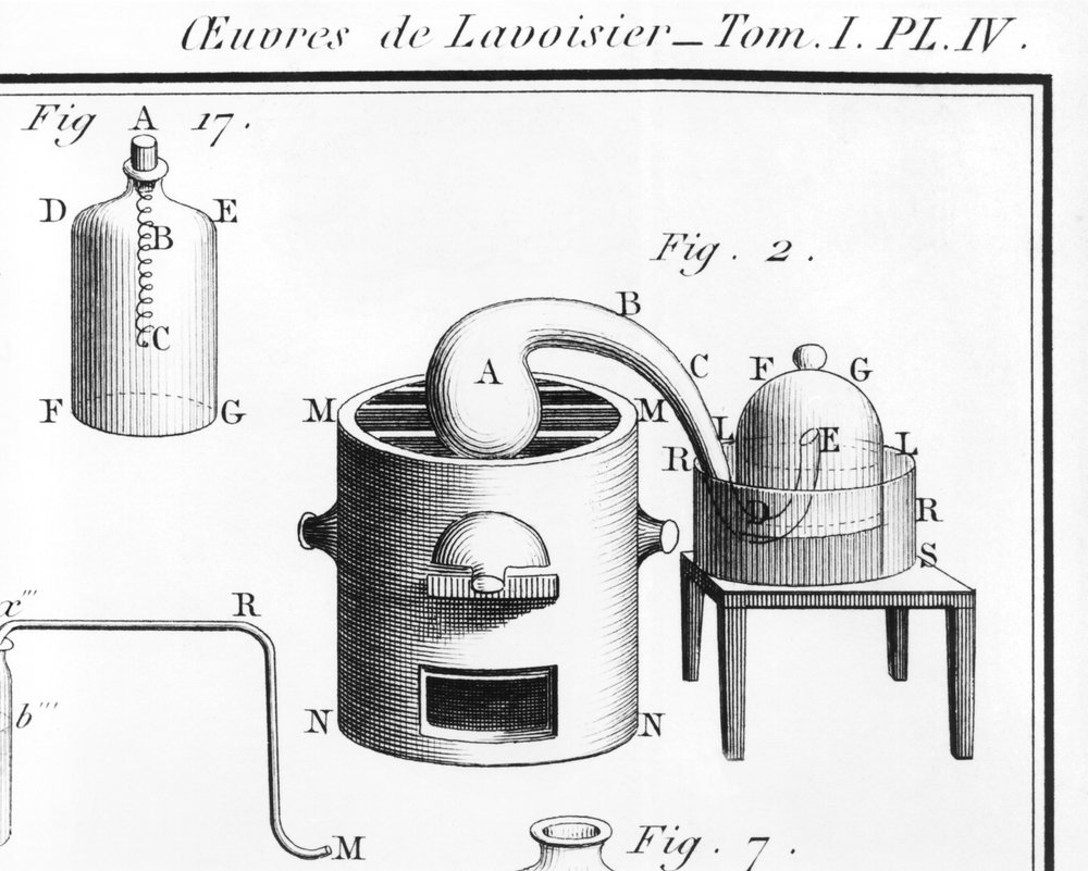 Experimento sobre la descomposición del agua, ilustración de Traité élémentaire de chimie por Antoine Laurent de Lavoisier 1743-94 (detalle) de Marie Anne Pierrette Lavoisier