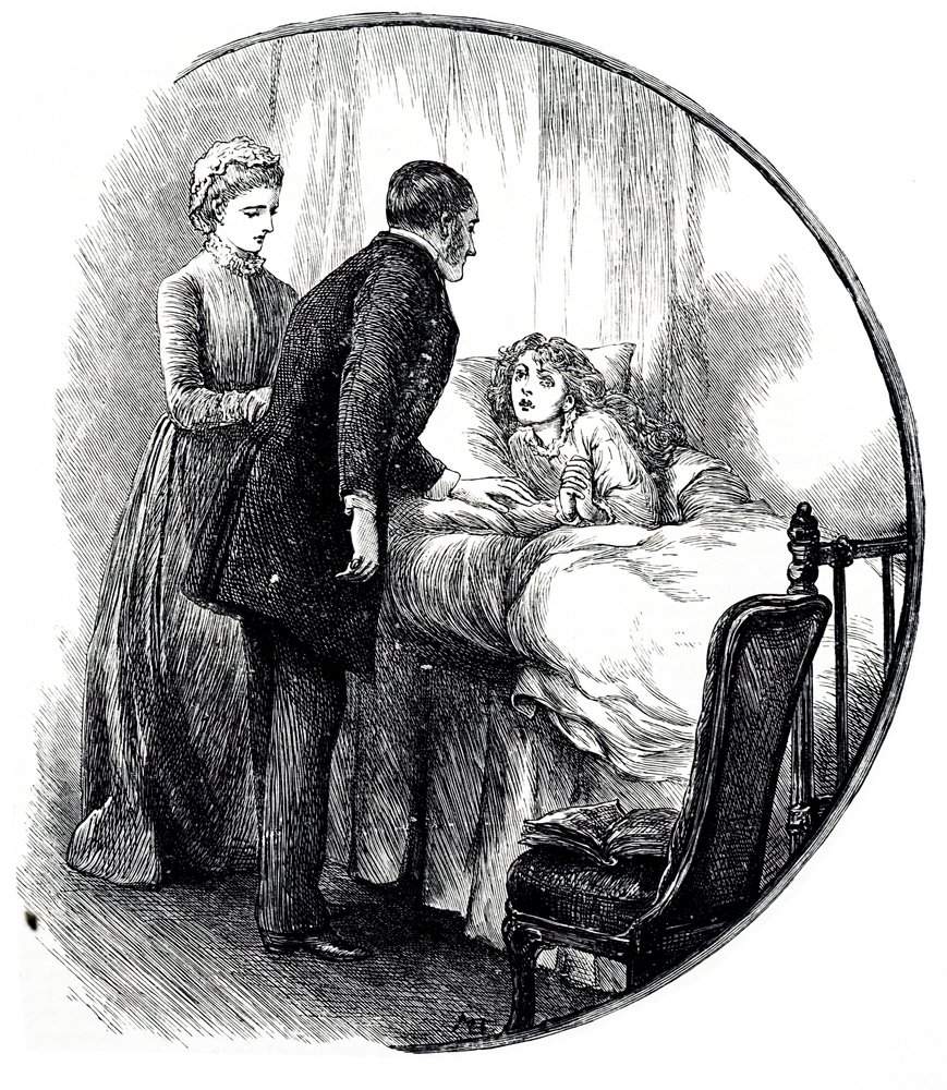 Un grabado que representa a un médico visitando a su joven paciente en casa de Mary Ellen Edwards