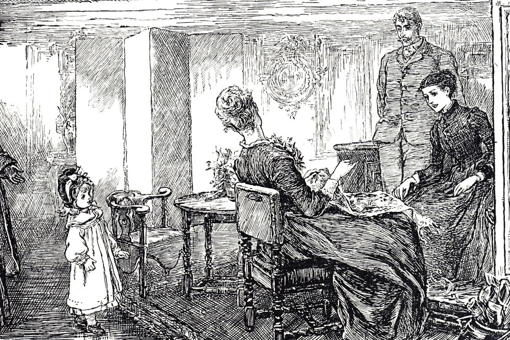 Ilustración de una niña cuidada por sus tías y tío por una tarde de Mary Ellen Edwards