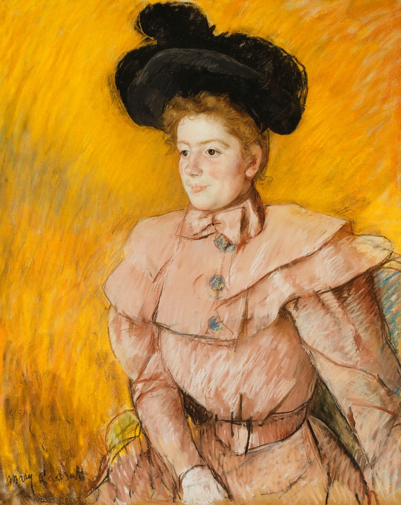 Mujer con sombrero negro y traje rosa frambuesa, c. 1899 de Mary Cassatt