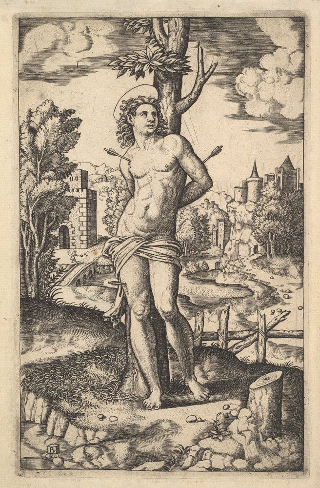 San Sebastián atado a un árbol atravesado por flechas, 1530-60 de Master of the Die