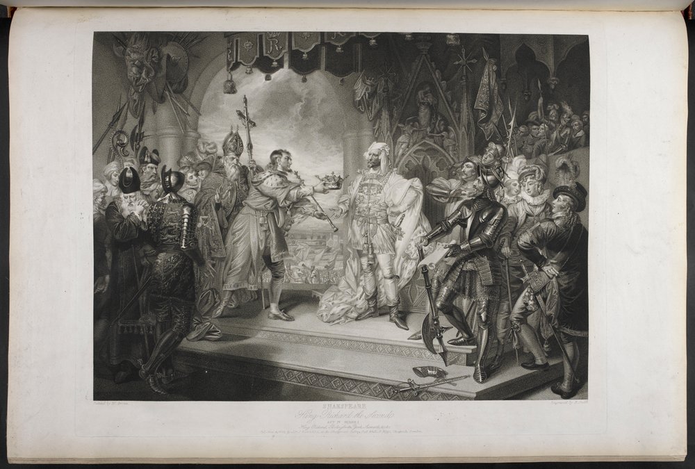 Rey Ricardo II. Acto IV. Escena I.Rey Ricardo, Bolingbroke, York, Aumerle, etc. En la Casa del Parlamento, c.1803 (grabado) de Mather Brown