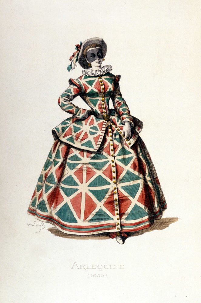 Traje y máscara de Arlequín en 1855, personaje femenino de Arlequín en la commedia dell