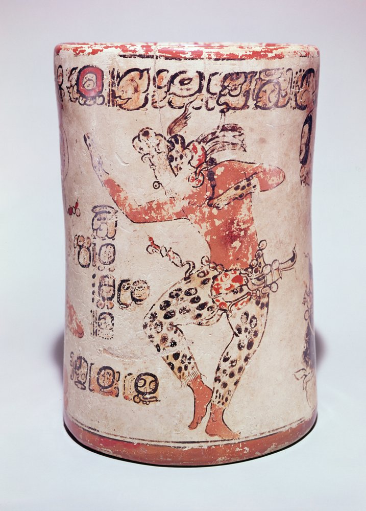 Jarra que representa a un hombre bailando con parafernalia de jaguar, encontrada en una tumba en Altar de Sacrificios, Clásico Maya de Mayan