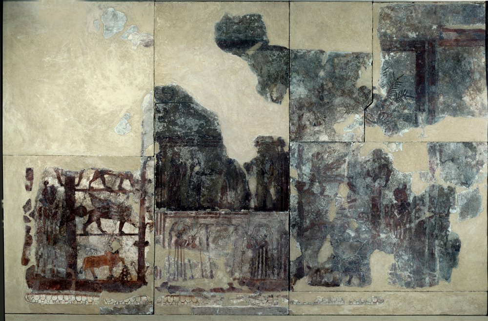 Mesopotamia: palacio de Zimrilim, pintura de la investidura: representación de un toro alado, una esfinge y un grifo. Fresco desprendido fechado en el reinado de Zimri-Lim (Zimri Lim) (ca. 1782-1759 a. C.) de Mari. París, Museo del Louvre. de Mesopotamian