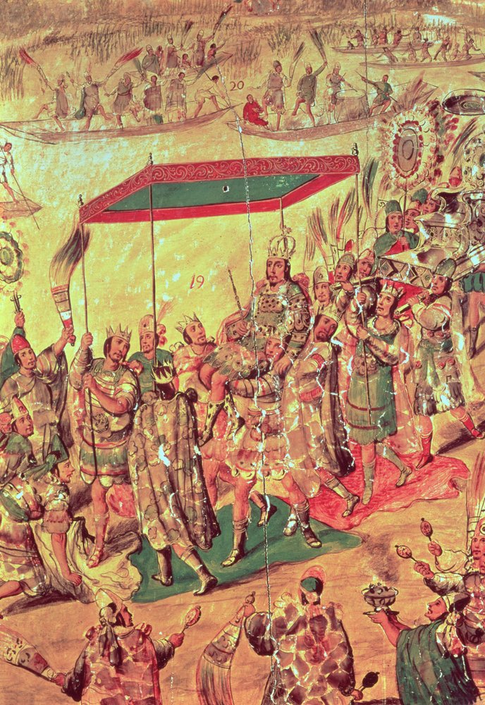 El recibimiento de Moctezuma (1466-1520) detalle de un cuadro que representa "La conquista de México por Hernando Cortés (1485-1547) 1698 de Miguel Gonzalez