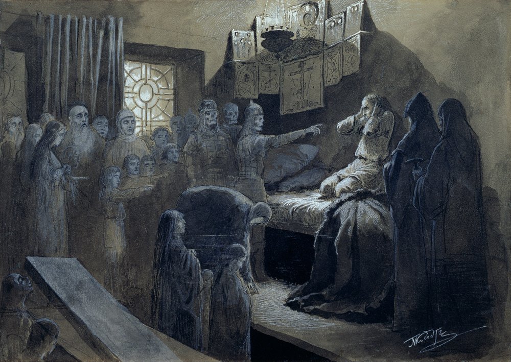 Iván IV (1530-84) el Terrible visitado por los fantasmas de aquellos a quienes asesinó de Mikhail Konstantinovich Klodt