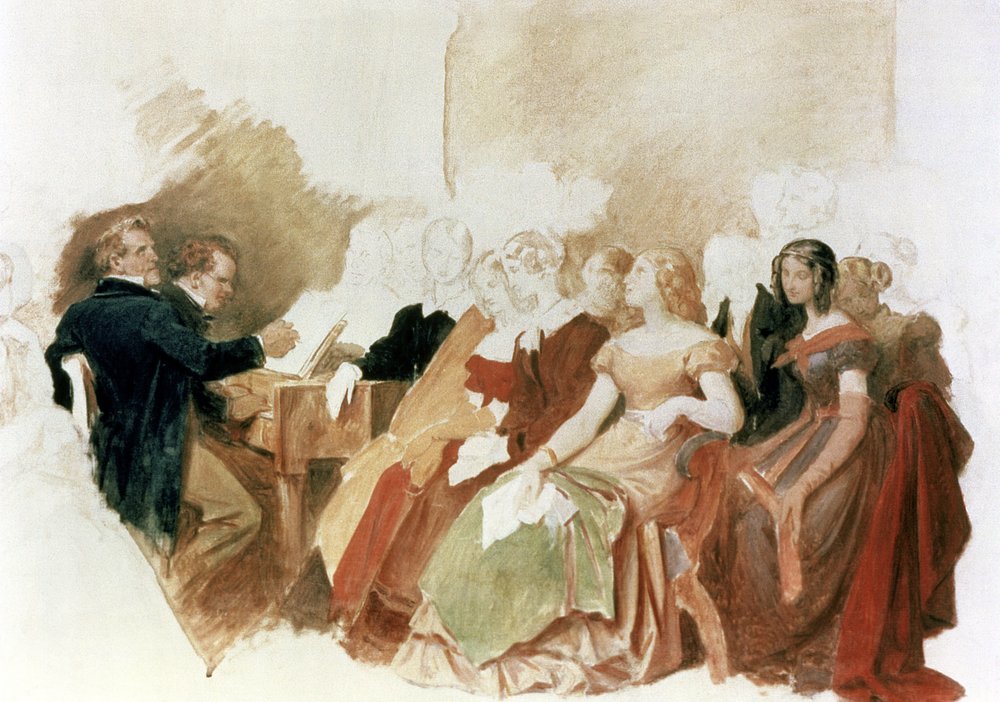 Estudio para Una noche en casa del Barón von Spaun: Schubert al piano entre sus amigos, incluyendo al barítono operístico Johann Vogl (1768-1840)