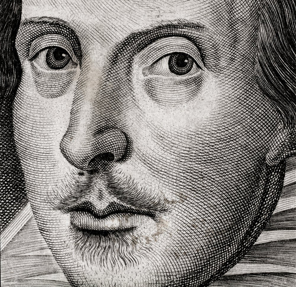 Detalle del retrato de William Shakespeare en el frontispicio de Comedias, historias,  t... de Nathan Benn