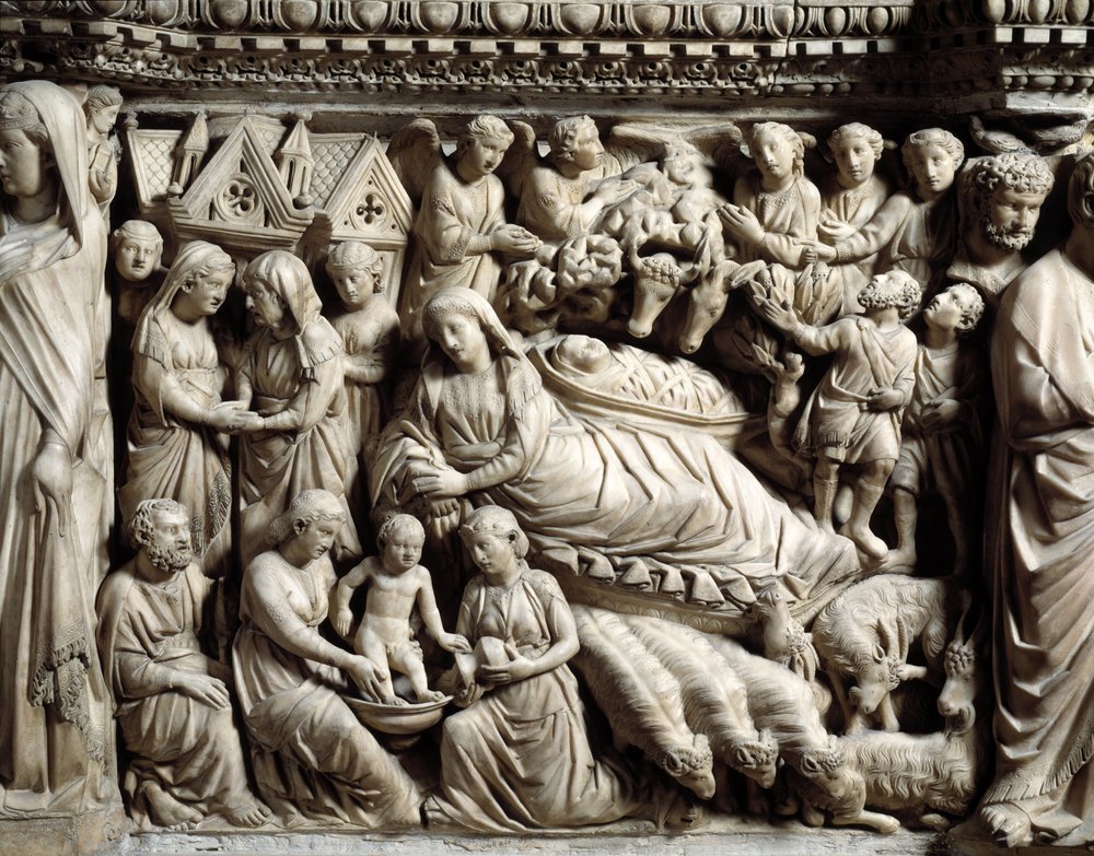 Arte y arquitectura gótica: Visitación y Natividad - Detalle de los bajorrelieves del púlpito de mármol que Nicola Pisano realizó entre 1266 y 1268 de Nicola Pisano