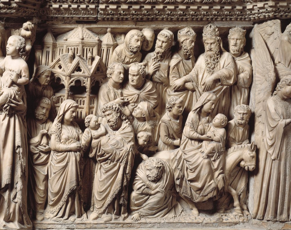 Presentación del templo y huida a Egipto (detalle) de Nicola Pisano