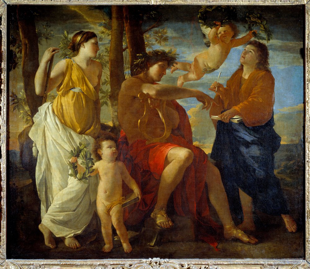 La inspiración del poeta. Un poeta, con una lira en la mano y una corona de laureles como tocado, está rodeado de Musas y putti. Dimensiones 67 x 90 cm, Múnich, Alte Pinakothek de Nicolas Poussin