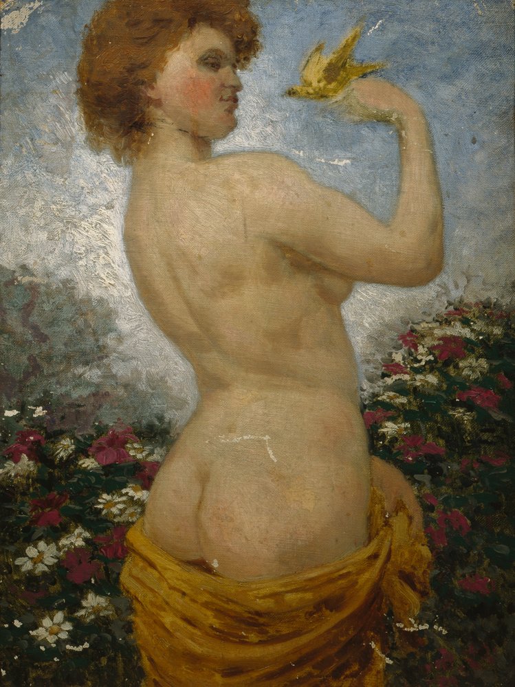 Mujer desnuda con un pájaro en la vegetación de Olaf Isaachsen