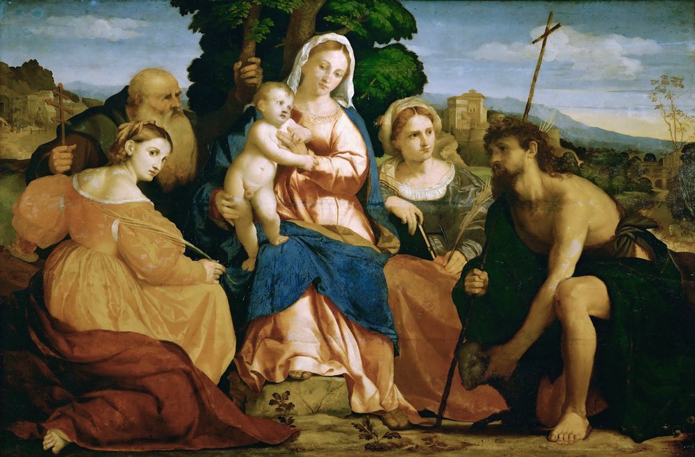María con el niño y Santa Catalina y Celestino (izquierda) y Juan el Bautista y Bárbara (derecha) de Palma il Vecchio