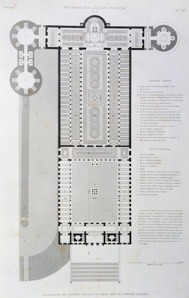 Plano restaurado de la Antigua Basílica construida por el emperador Constantino, grabado del Vaticano y de la Basílica de San Pedro de Paul Marie Letarouilly