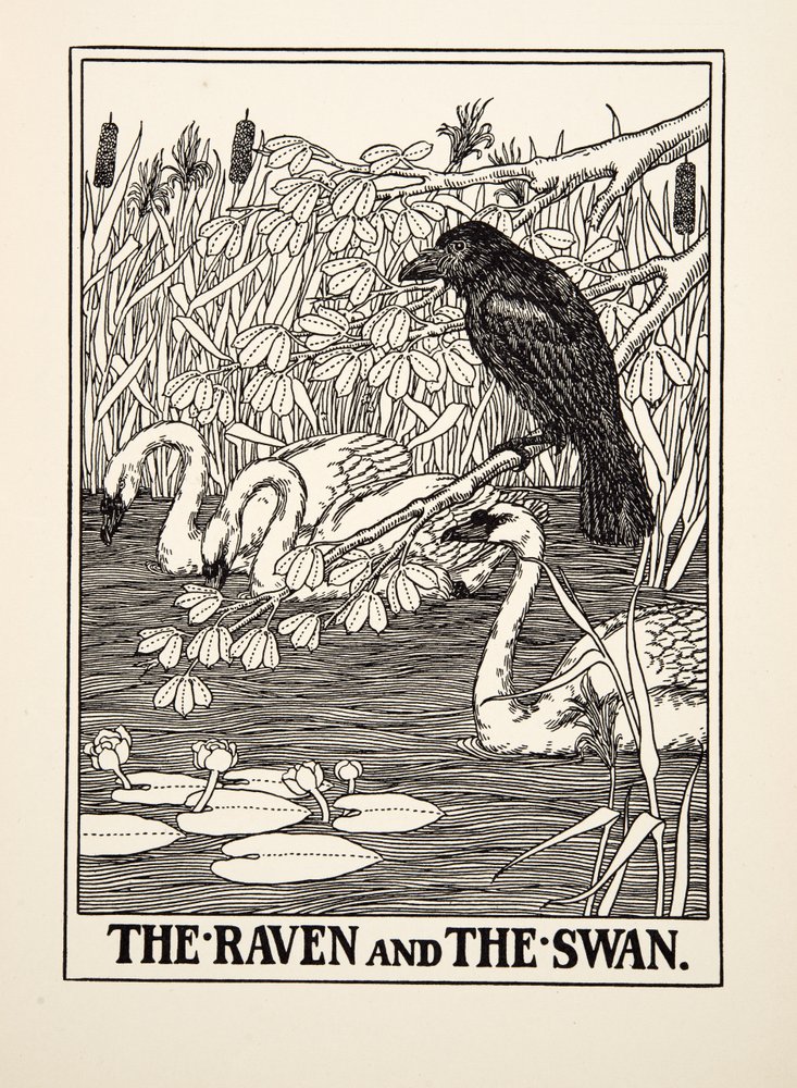 El cuervo y el cisne, de Cien fábulas de Esopo, publicado en 1903 de Percy J. Billingshurst