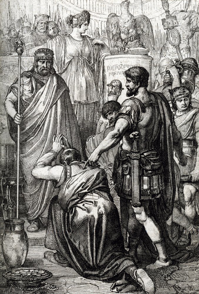 Guerra vándala: "La rendición del rey de los vándalos Gelimer se arrodilla ante el general bizantino Belisaire (500-565) en marzo de 534, Cartago, África" (Guerra vándala: el rey de los vándalos Gelimer se rinde ante el general Belisario, 534, África) Dibu de Peter Johann Nepomuck Geiger