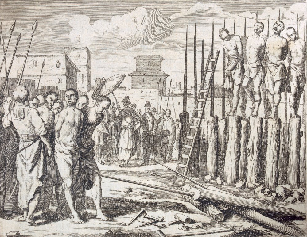 El empalamiento de algunos rebeldes, castigo: masacre mediante empalamiento, publicado en 1672 de Philip Baldaeus