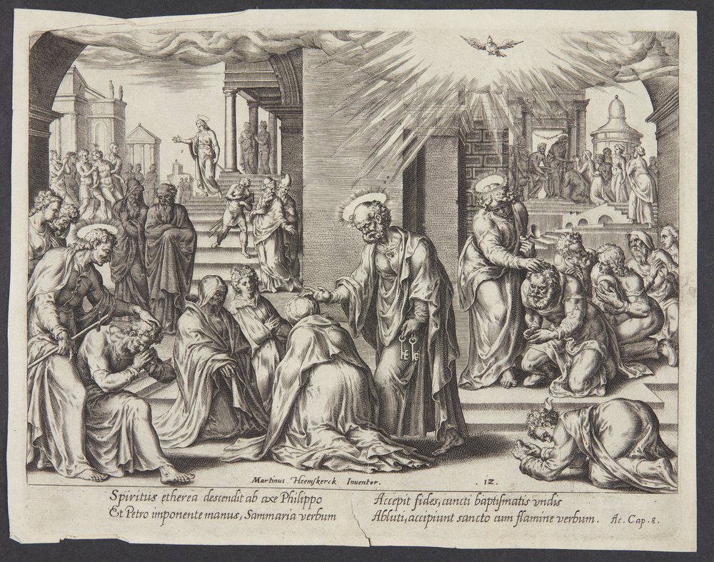 San Pedro, San Juan y San Felipe imponiendo las manos a los bautizados en Samaria de Philips Galle