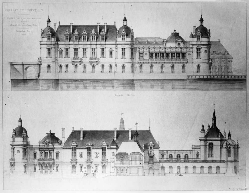 Diseño para la reconstrucción de la fachada norte y la fachada del Petit Chateau del Chateau de Chantilly, 1875 de Pierre Jerome Honore Daumet