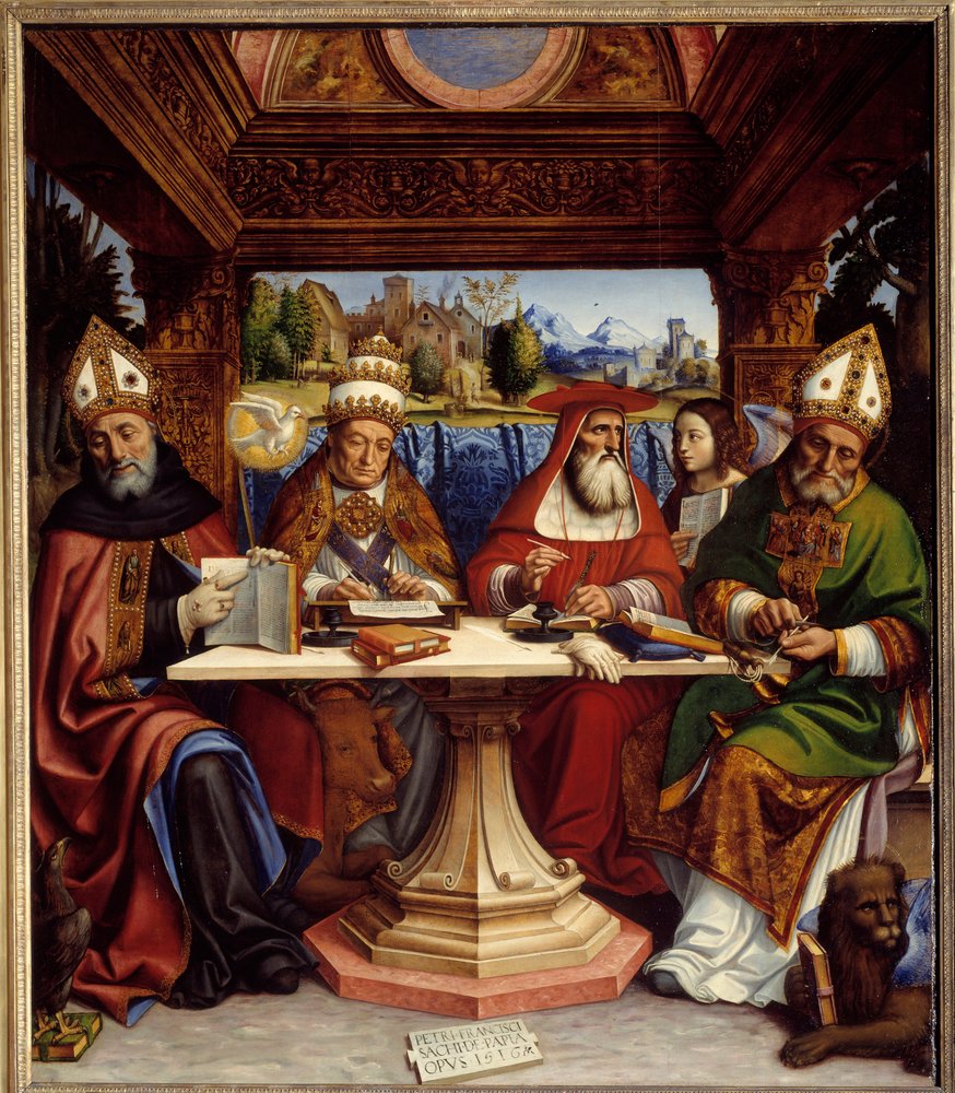 Los cuatro doctores de la Iglesia con los símbolos de los cuatro evangelistas: san Agustín con un águila, san Gregorio Magno con un buey, san Jerónimo con un ángel y san Ambrosio con un león alado de Pietro Francesco  Sacchi