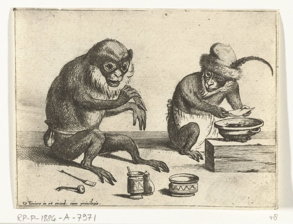 Un mono hace un vendaje. Varias empresas de la vida humana presentadas por monos (título de la serie) el juego del mono en el mundo (título de la serie) de Quirin Boel