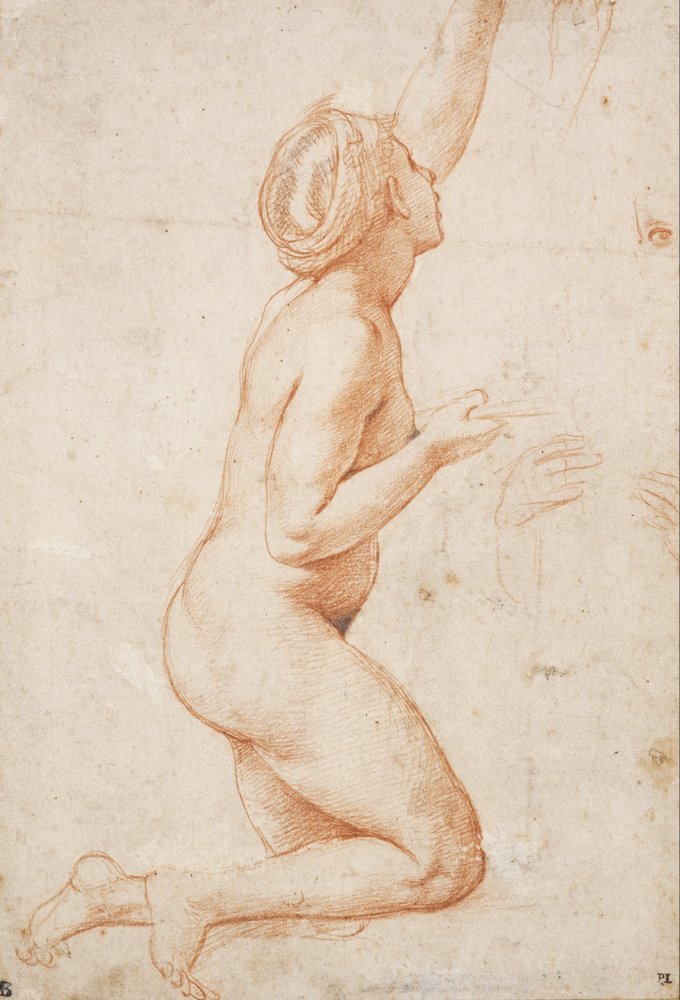 Mujer desnuda arrodillada con el brazo izquierdo levantado de Raffaello Sanzio Raphael
