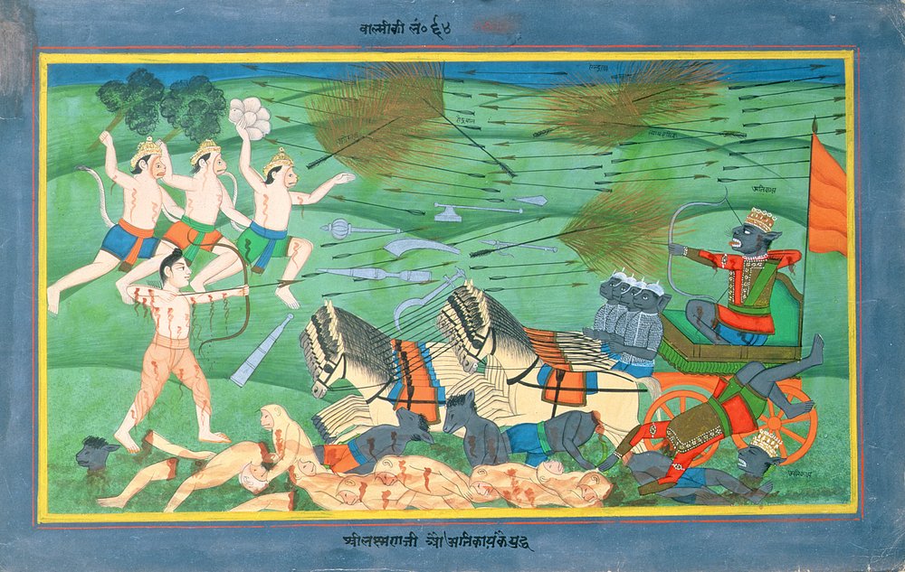 La batalla de Lanka, entre Rama y Ravana, rey de los Rakshasas, del Ramayana, principios del siglo XIX de Rajasthani School