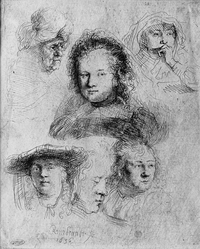 Seis cabezas con Saskia van Uylenburgh en el centro de Rembrandt van Rijn