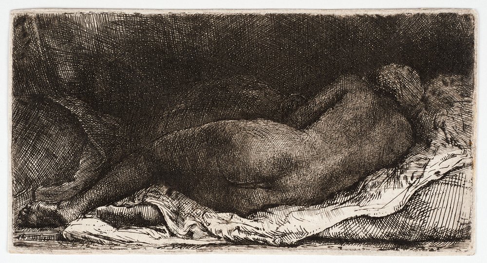 La mujer desnuda, dormida con las nalgas al viento de Rembrandt Harmensz. van Rijn