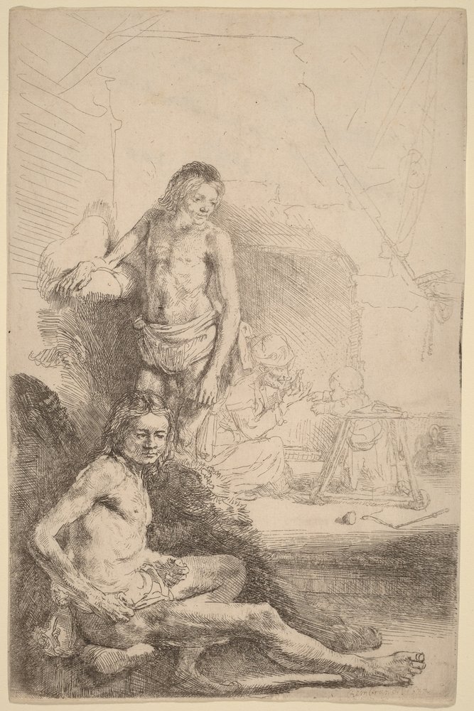 Hombre desnudo sentado y hombre desnudo de pie, con una mujer y un bebé al fondo de Rembrandt van Rijn