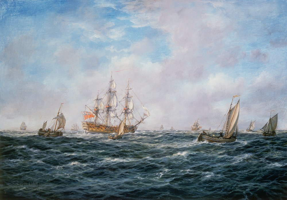 Navío de guerra británico y otras embarcaciones, h. 1740 de Richard Willis