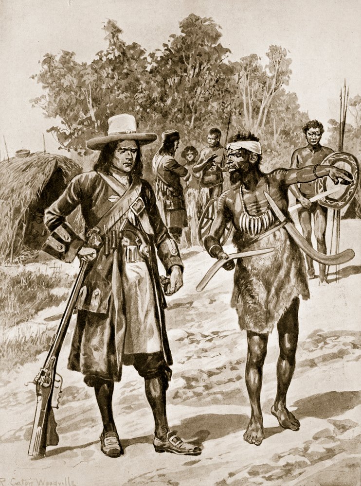 Dampier examinando un boomerang en Australia, ilustración de 