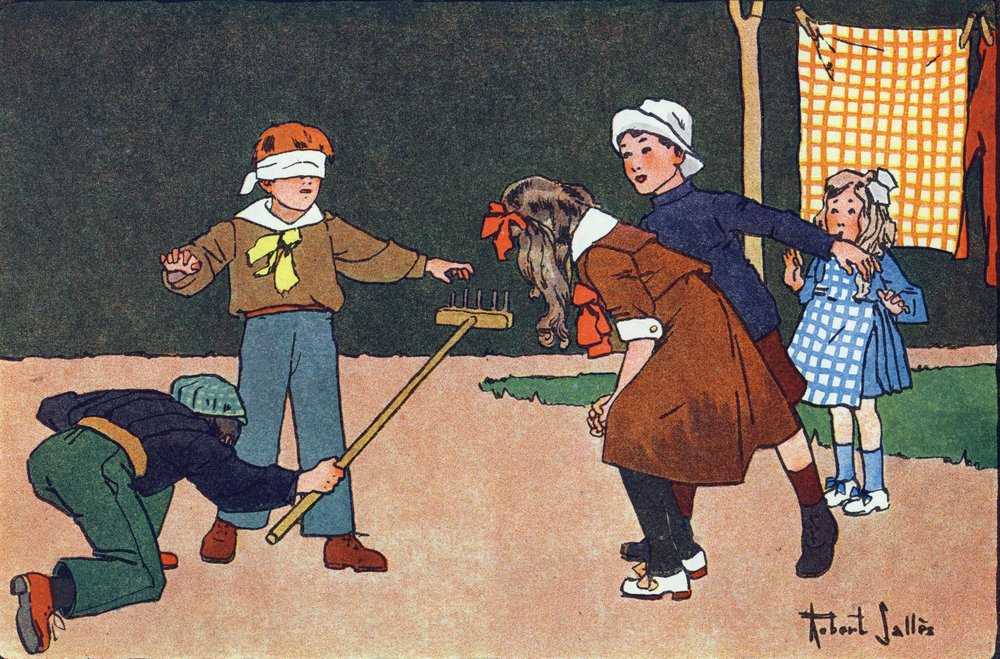 Colin maillard. Grabado en "¿A qué jugamos?" de E. Weber con dibujos acuarelados de Robert Salles (1871-1929). Librairie Garnier Freres, París de Robert Salles